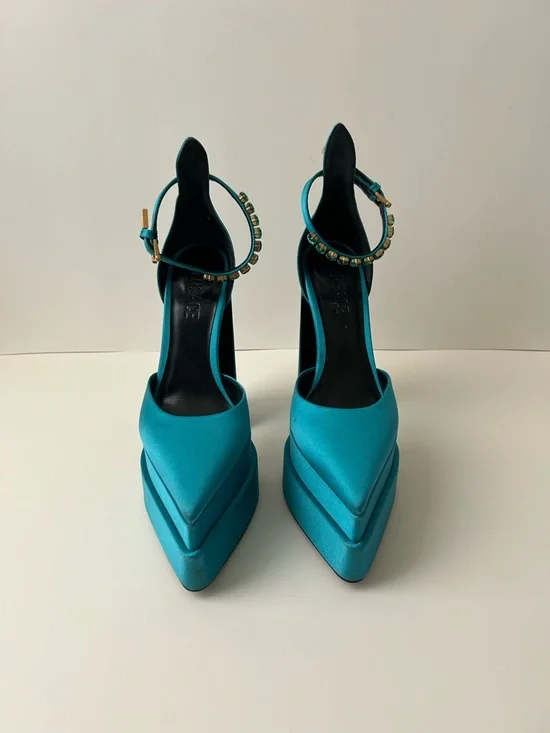 Versace Teal Satin Pointed Toe Platform Pumps with Beaded Ankle Straps - Picture 1 of 3